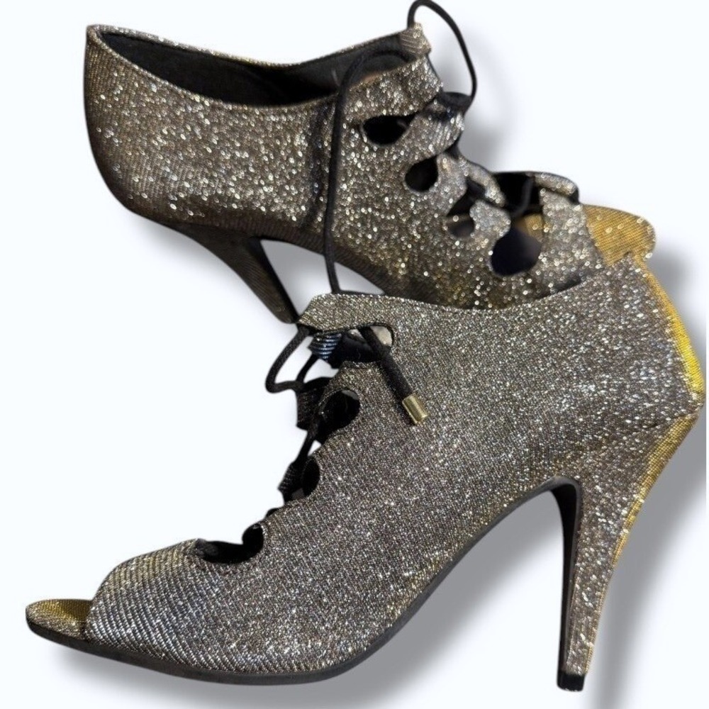 Fioni Night Sparkly Heels Lace Up Open Toe Party Shoes Size 6.5